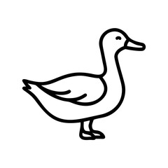 Simple outline drawing of a duck standing with a long neck and a small tail on a white background