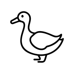 Simple outline drawing of a waterfowl with a curved neck and small feet standing on the ground alone