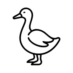 Simple line drawing of a water fowl with a long neck and small feet standing on a white background