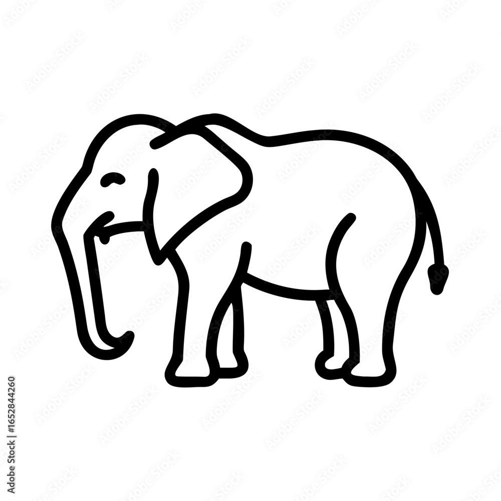 Poster simple outline drawing of a standing pachyderm with large ears and a curled trunk shown in profile v