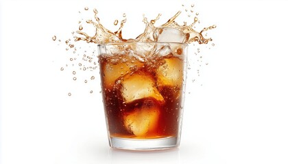 Refreshing Ice Cola Beverage With A Splash, Against A White Background - Perfect For Quenching Your Thirst And Cooling Off.