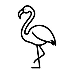 Stylized depiction of a flamingo standing on one leg with a curved neck and beak in black outline style