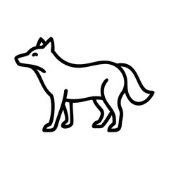 Simple line drawing of a canine animal standing in profile with a bushy tail and pointed ears