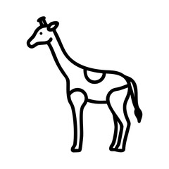 Stylized giraffe standing with spots and a long neck in a simple black and white line drawing style