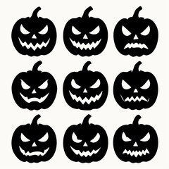 Nine black Halloween pumpkins with carved faces jack o lantern scary
