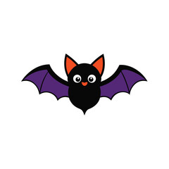Cartoon Bat with Purple Wings and Orange Ears for Halloween Decoration Isolated on a White Background