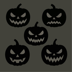 Five spooky black jack o lanterns with glowing eyes halloween pumpkin