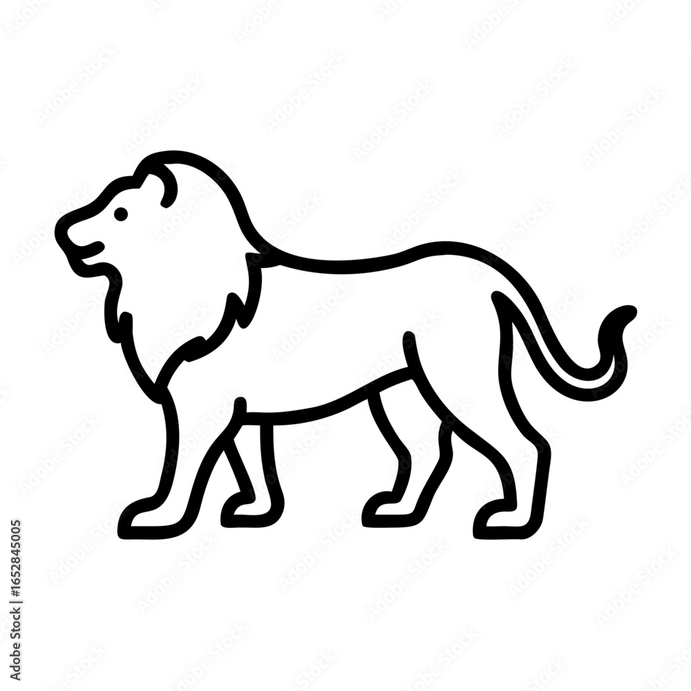 Poster simple outline drawing of a regal looking feline with a mane standing in profile view on a white bac