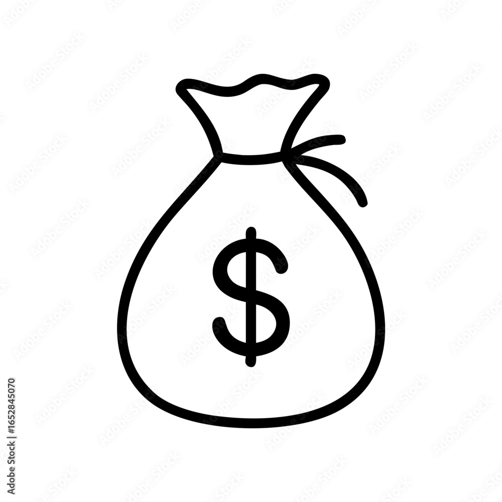 Poster outline drawing of a money sack with a dollar sign on it and tied at the top with string ends hangin