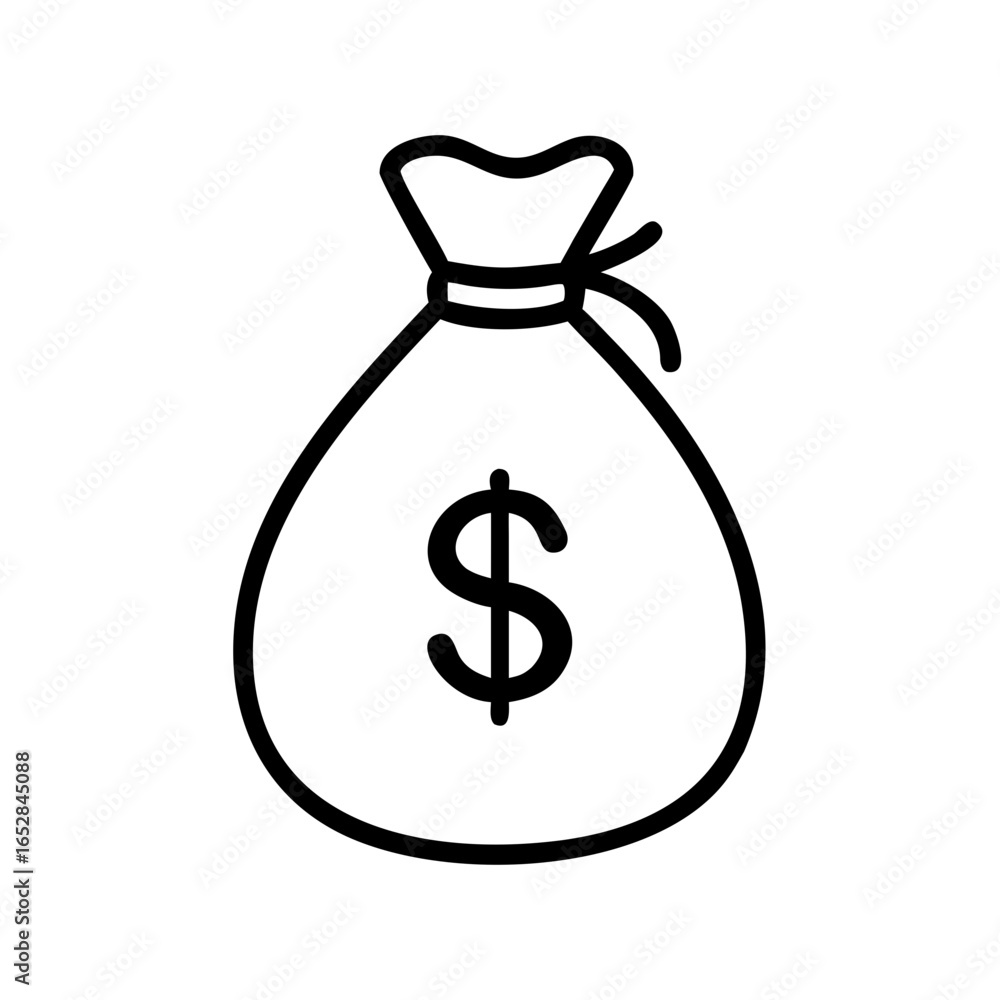 Poster a simple graphic depicting a tied sack with a dollar sign on it in a black outline style drawing