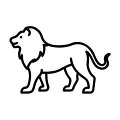 Simple outline drawing of a regal looking feline with a mane standing in profile view on a white background