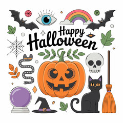 Halloween characters and symbols with happy Halloween text pumpkin black cat