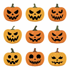 Nine carved pumpkins with various spooky faces jack-o-lantern halloween