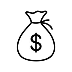 Outline drawing of a money sack with a dollar sign on it and tied at the top with string ends hanging out