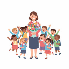 Happy Children and Teacher with Flowers Celebrating a Special Occasion.