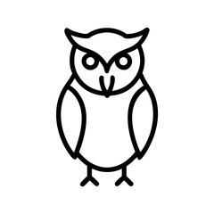 Simple outline drawing of a standing owl with large eyes and small beak in black and white style