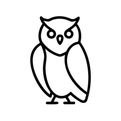 Simple outline drawing of a standing owl with large eyes and small feet, isolated on white background