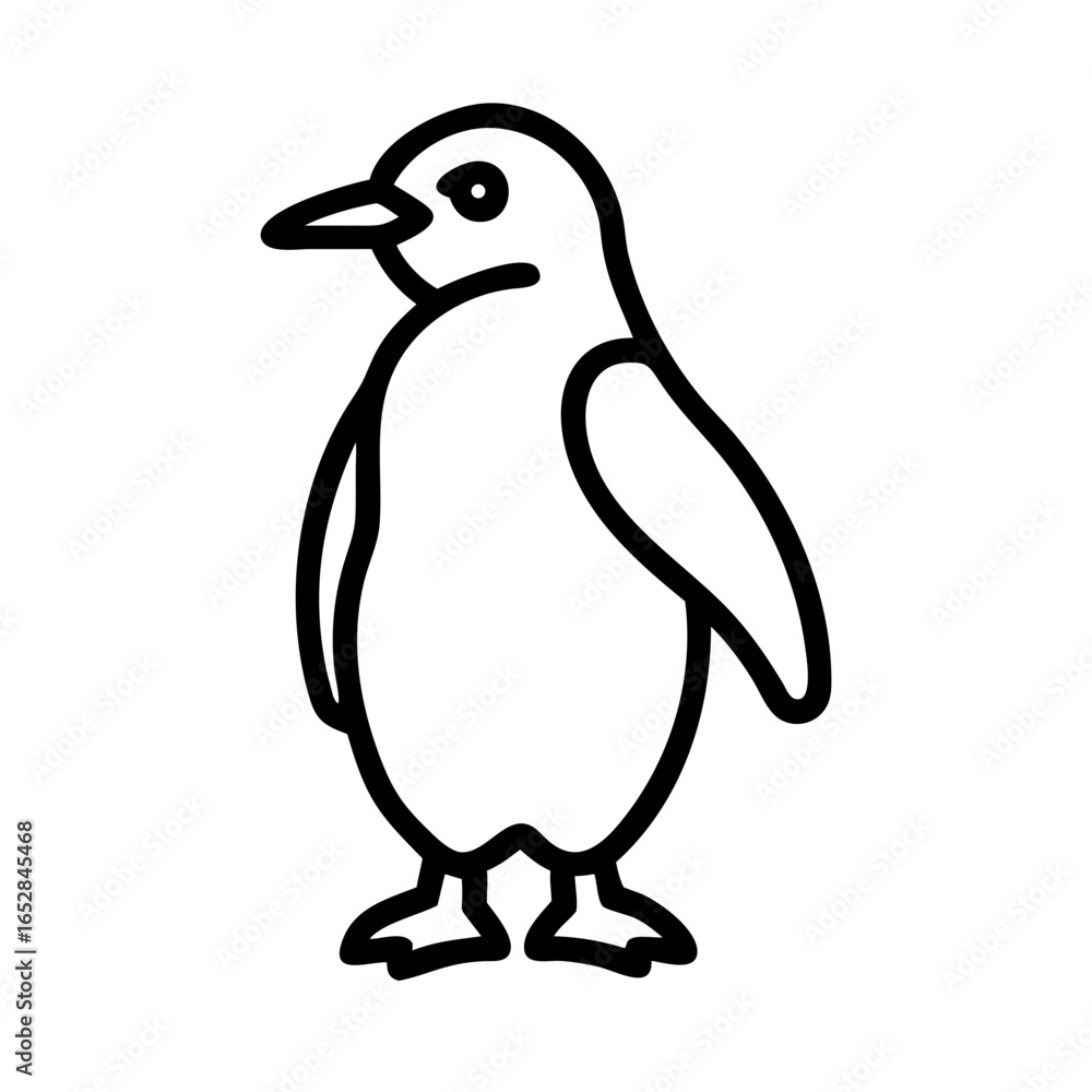 Poster a simple line drawing of a standing antarctic bird with a small beak and flippers on a white backgro