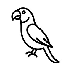Simple line drawing of a happy parrot with a curved beak and small feet standing on the ground