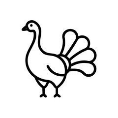 Stylized fowl with prominent tail feathers standing in a simple black line drawing on a white background