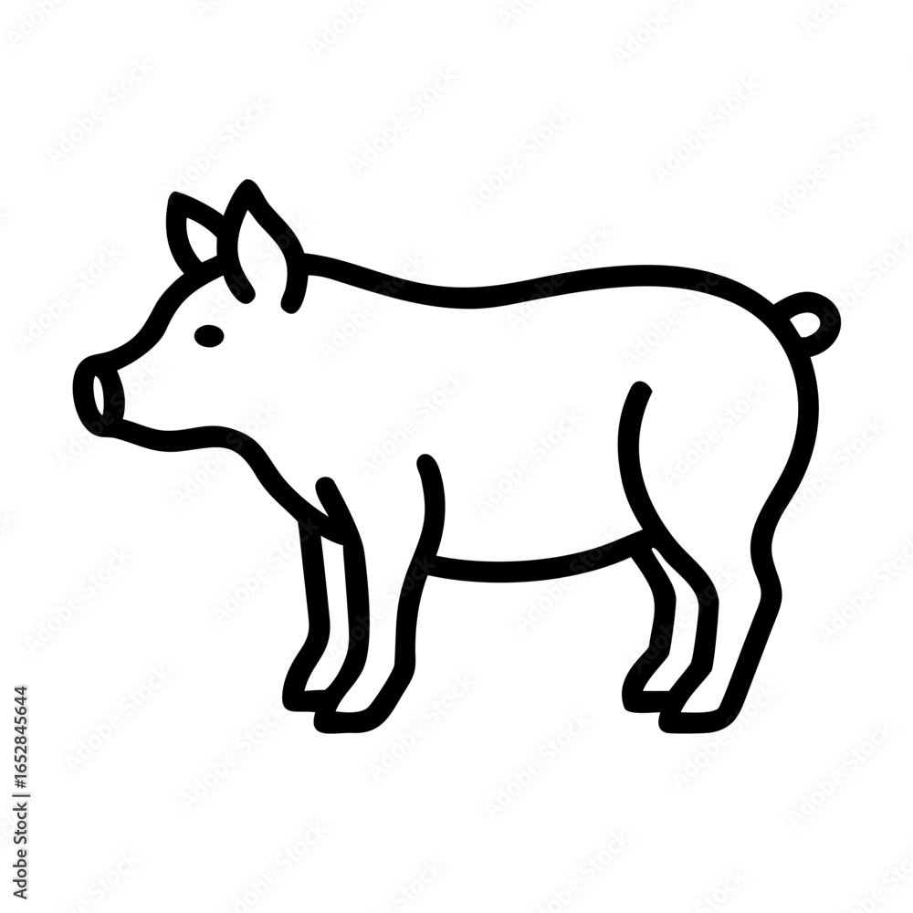 Poster simple graphic depiction of a swine standing in profile with a curly tail and pointed ears visible