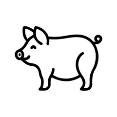 Simple outline drawing of a smiling domestic farm animal with a curly tail facing left side is shown