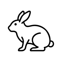 Simple graphic of a bunny with long ears and a fluffy tail in black outline on a white background