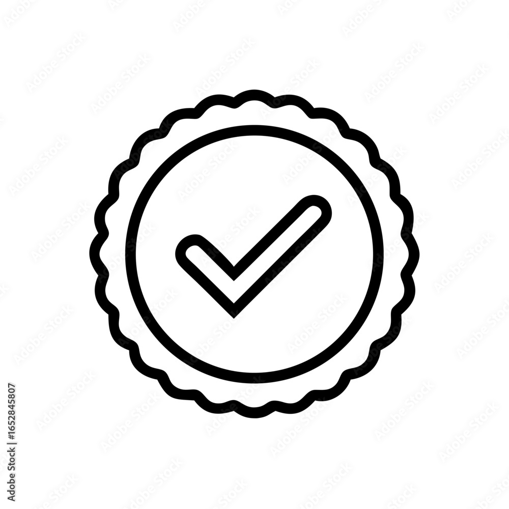 Poster check mark inside a circle with scalloped edge design indicating approval or completion in outline s
