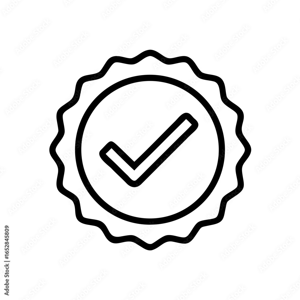 Poster black outline of a check mark inside a circle with a scalloped edge design on a white background