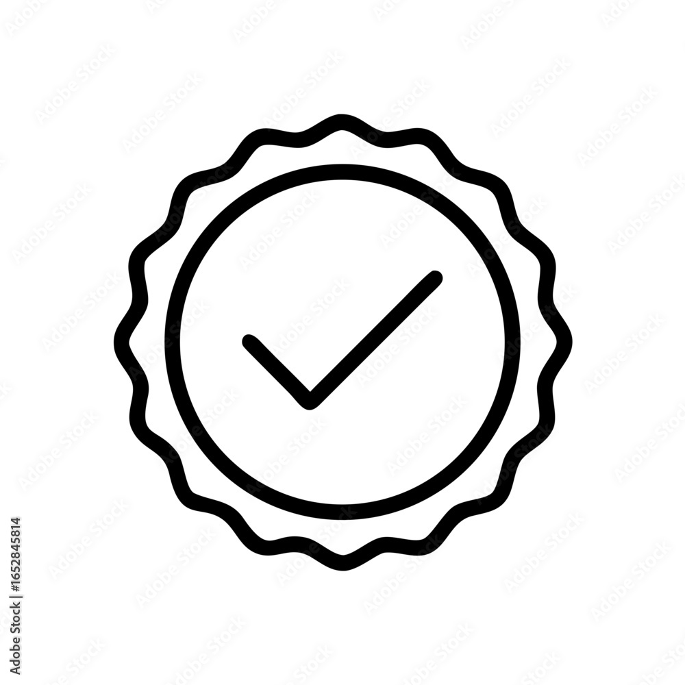 Aufkleber black outline of a scalloped circle containing a check mark indicating approval and validation proce