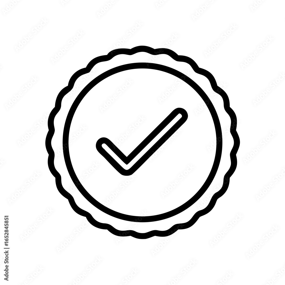 Poster outline of a scalloped circle containing a check mark in the center in a simple graphic style
