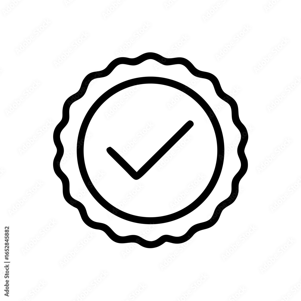 Poster a simple graphic showing a check mark inside a round badge with a decorative wavy border design elem