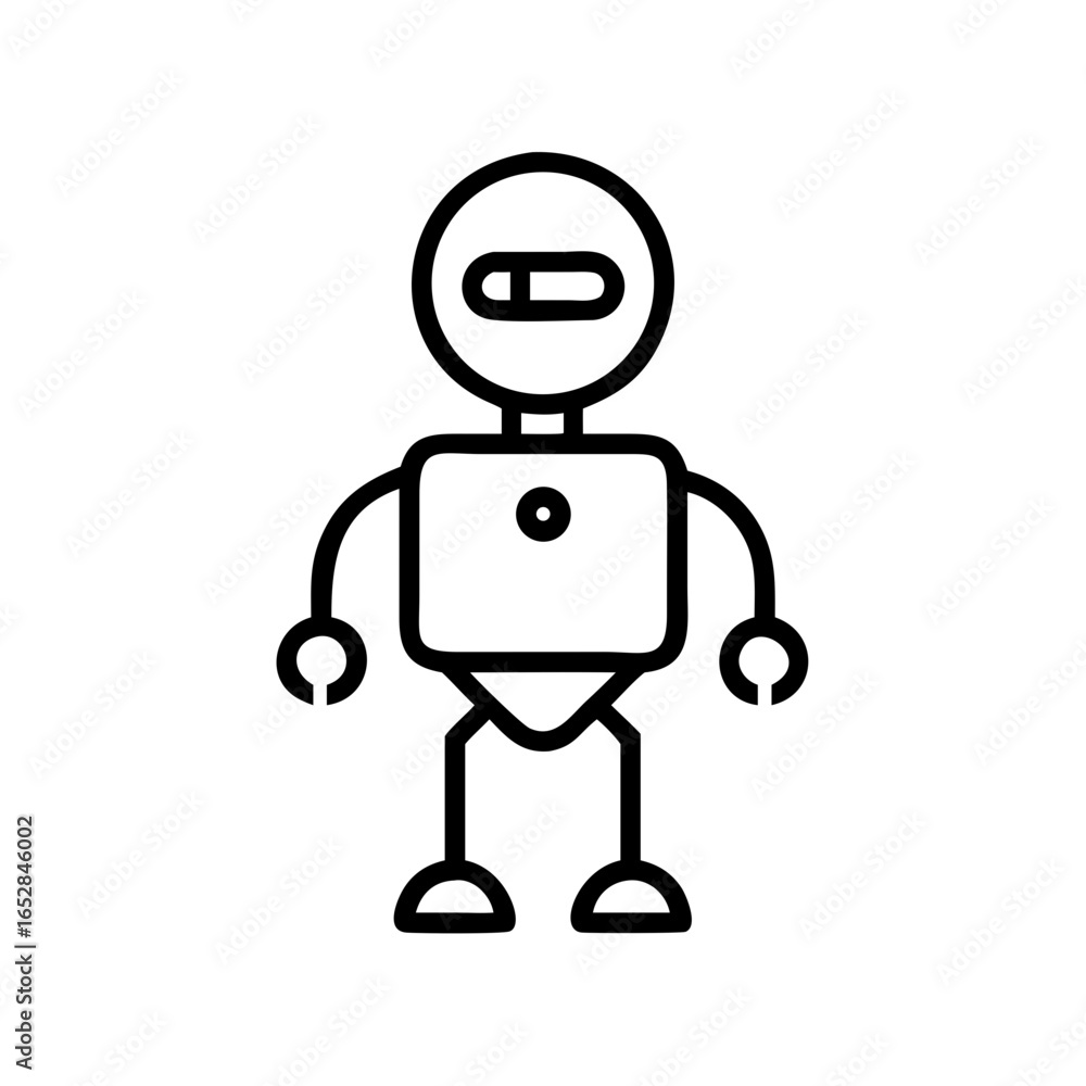 Poster simple line drawing of a small android with a square body and round head on a white background