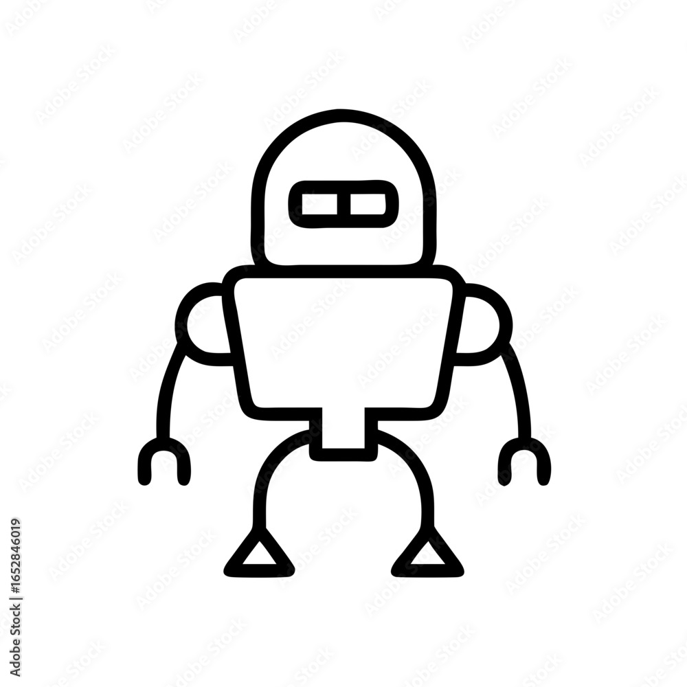Poster simple line drawing of a robot with a rectangular face and triangular feet standing upright alone he