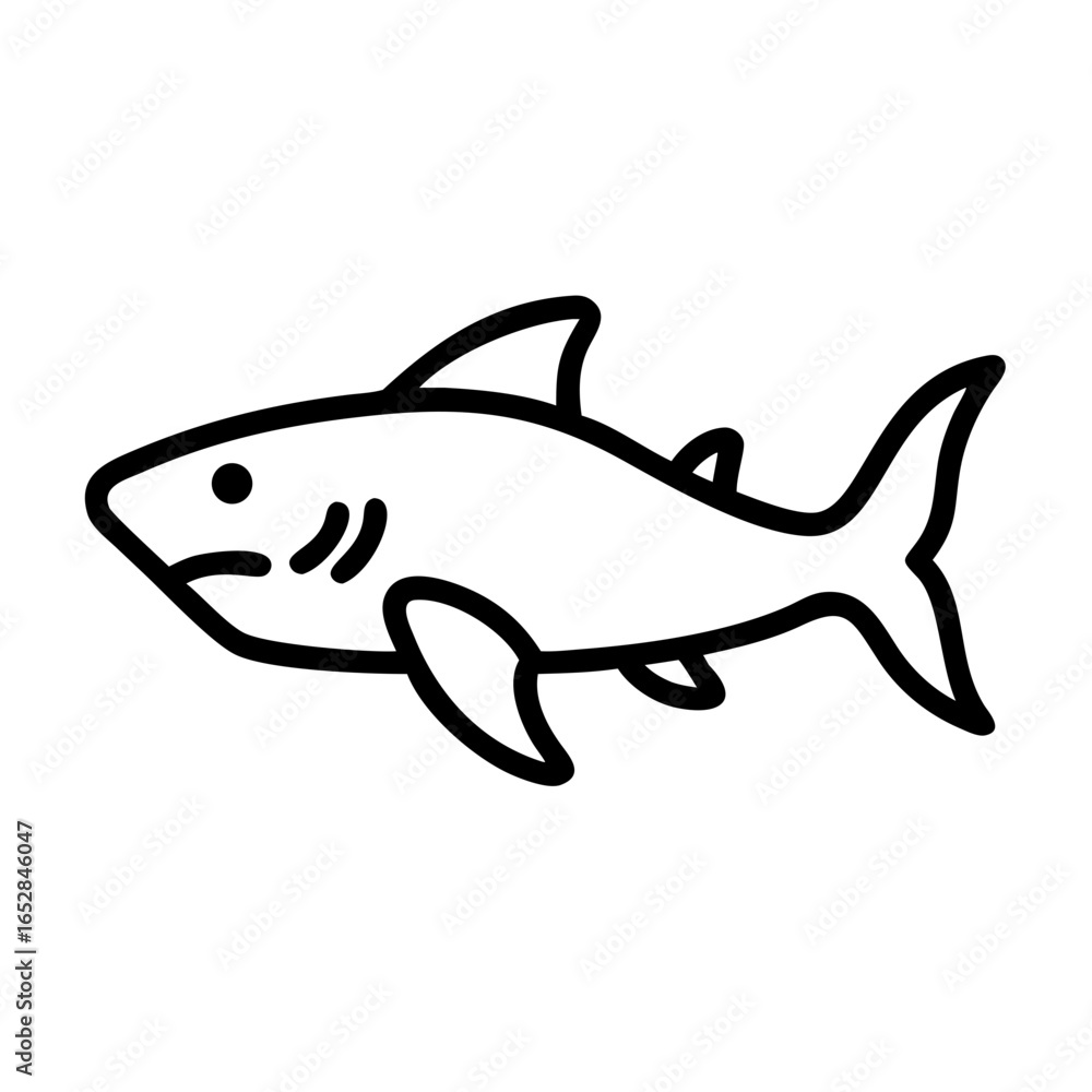 Poster outline drawing of a shark with fins and tail swimming in the ocean with simple black lines style