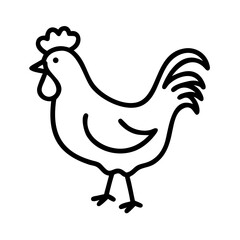 Simple outline drawing of a chicken with a comb and wattle standing on its feet in black and white