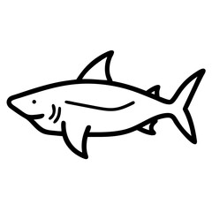 Simple graphic of a black and white sea predator with fins and a tail in a stylized design