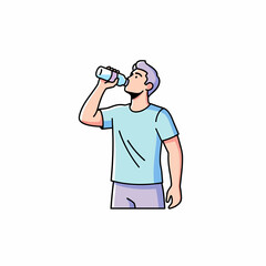 Cartoon illustration of a young man with purple hair drinking water from a plastic bottle.