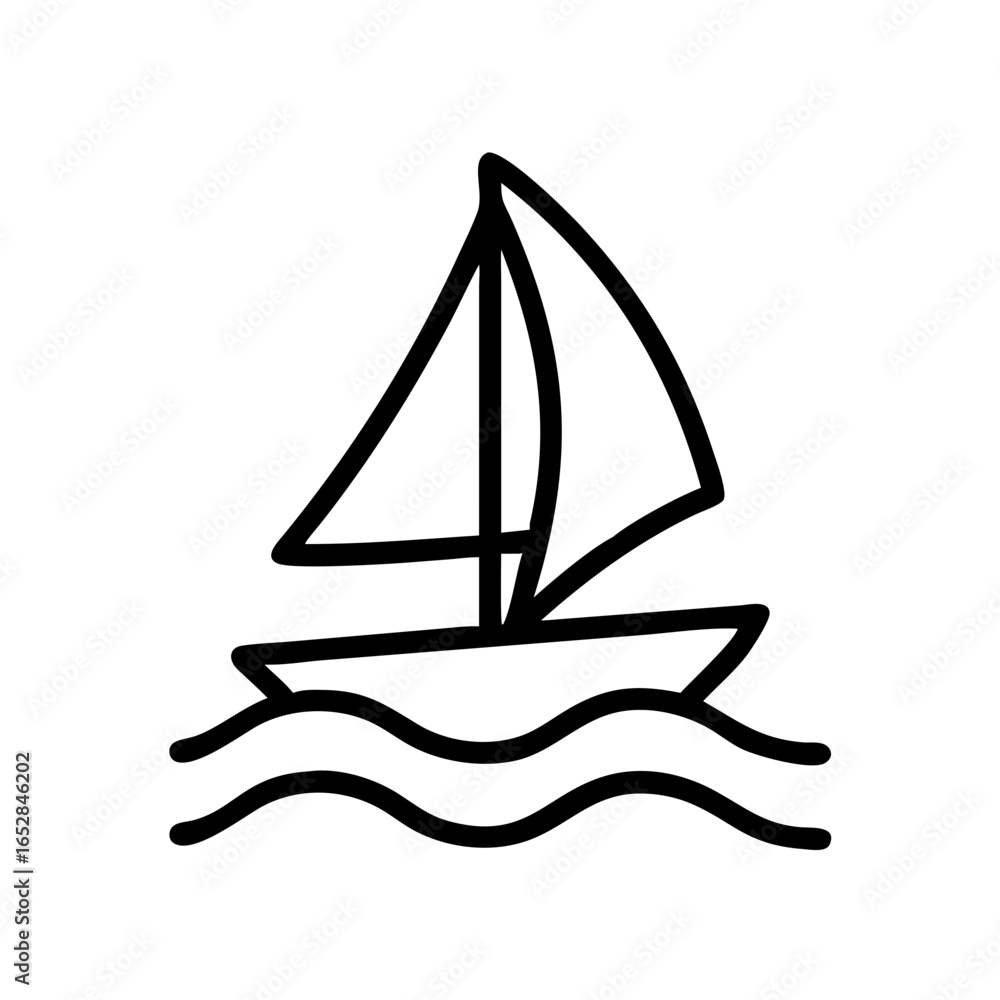 Poster simple line drawing of a sailboat with two sails floating on top of wavy water on a white background