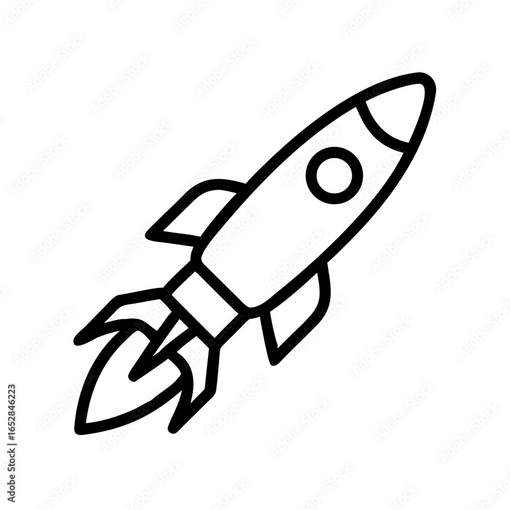 Poster outline drawing of a spacecraft blasting off with visible flames and a circular window on white back