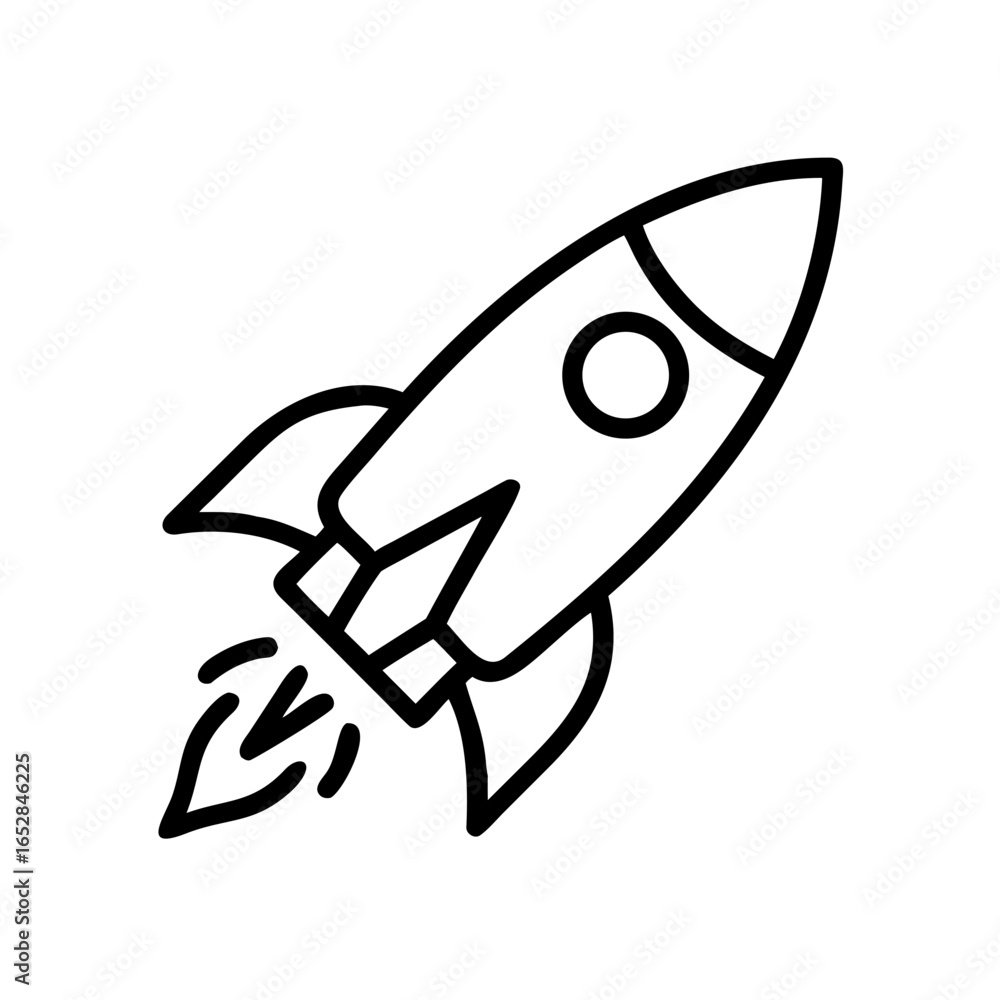 Poster simple outline drawing of a spacecraft ascending with flames emitting from the bottom section of the