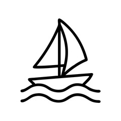 Simple line drawing of a sailboat with two sails floating on top of wavy water on a white background