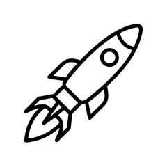 Outline drawing of a spacecraft blasting off with visible flames and a circular window on white backdrop