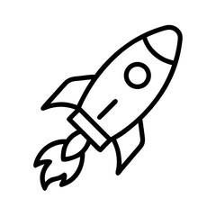 Simple outline drawing of a spacecraft with flames indicating liftoff and upward movement in the sky above
