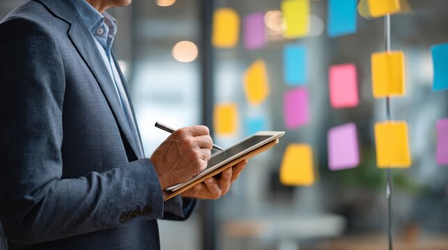Business Professional Planning Workflow with Digital Tablet While Reviewing Colorful Sticky Notes in a Modern Office - Powered by Adobe