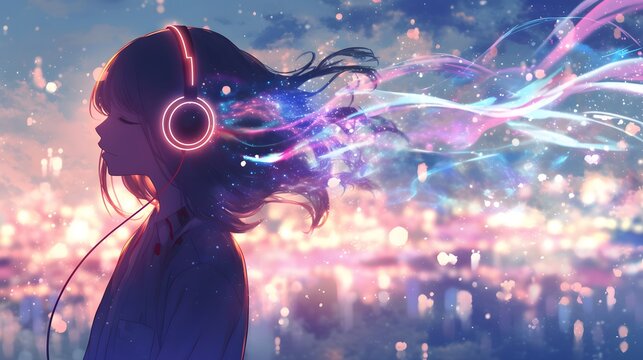 A girl with vibrant hair and headphones stands quietly among glowing lights, her gaze full of wonder and calm