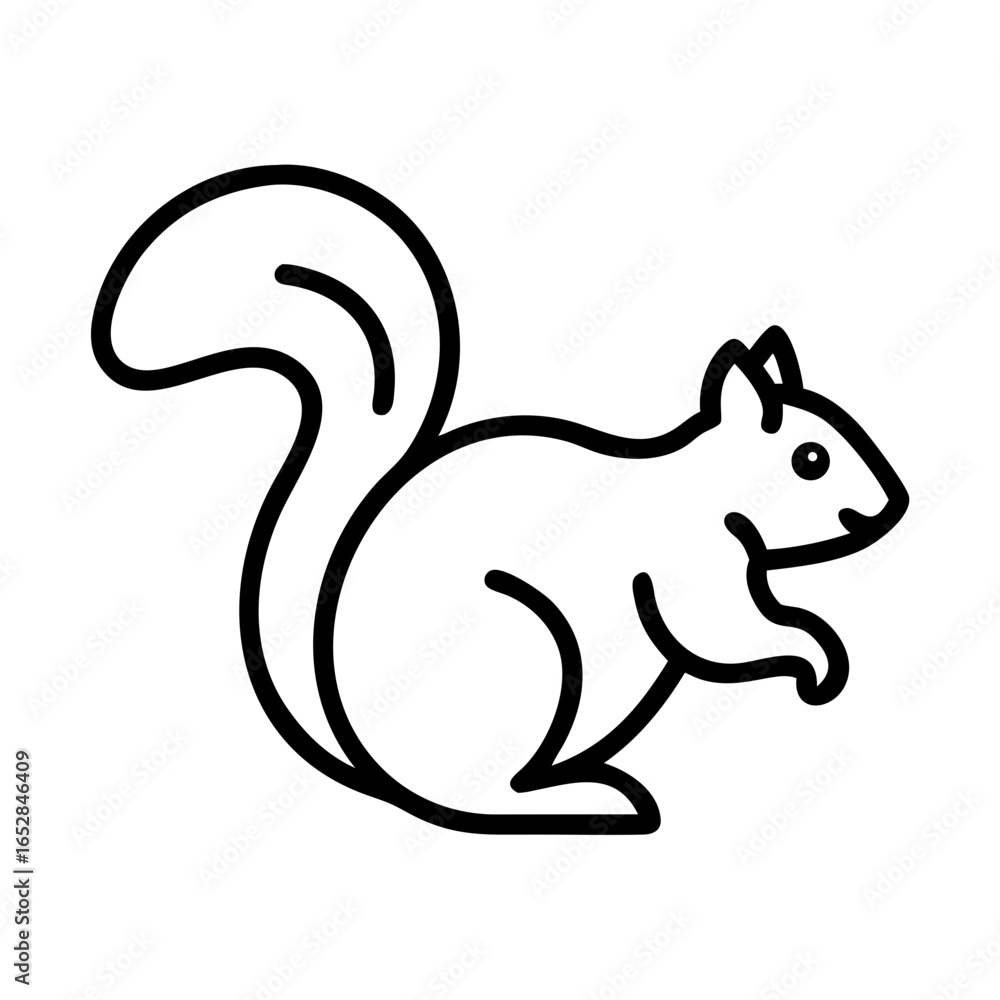 Poster simple outline drawing of a squirrel with a bushy tail and small ears in a side profile view