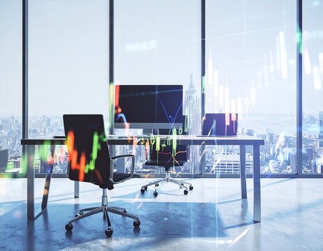 Modern office with city view and financial data overlay (1)