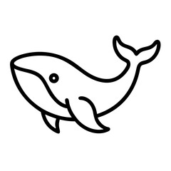 Simple graphic of a whale with an eye, flippers and tail in black outline on a white background