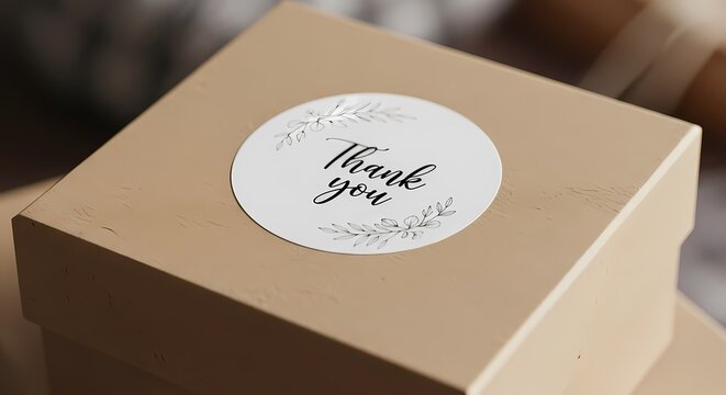 Round sticker mockup for gift, product label mockup, circle gift tag, thank you sticker on kraft paper box.